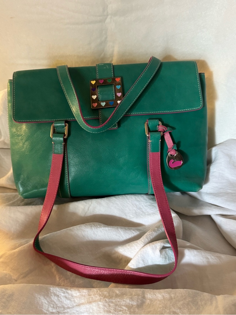 Dooney&Bourke Y2K Green and Pink Leather Shoulder Bag with Heart Accent